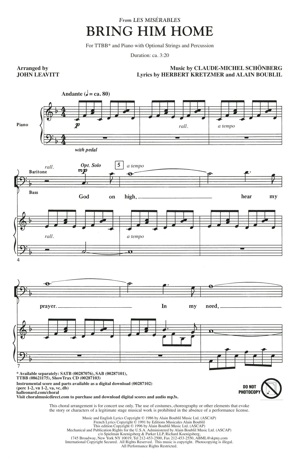 Boublil & Schonberg Bring Him Home (from Les Miserables) (arr. John Leavitt) Sheet Music Notes & Chords for SAB Choir - Download or Print PDF