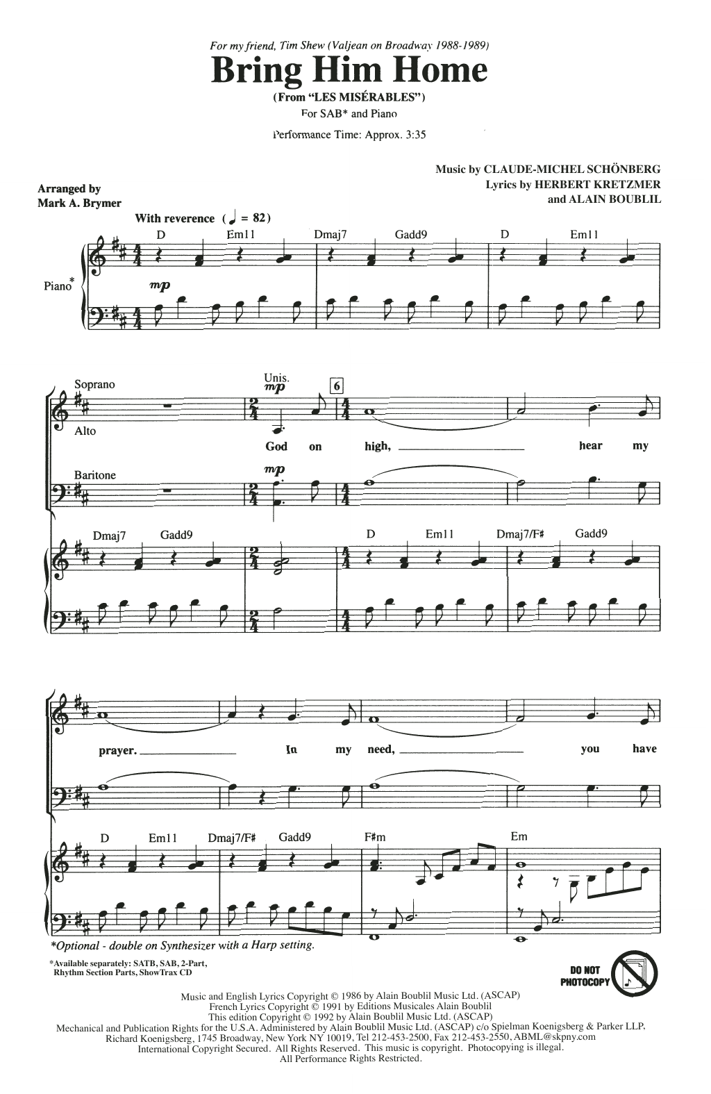 Boublil & Schonberg Bring Him Home (from Les Miserables) (arr. Mark Brymer) Sheet Music Notes & Chords for SAB Choir - Download or Print PDF