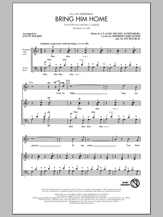 Boublil and Schonberg Bring Him Home (from Les Miserable) (arr. Steve Zegree) Sheet Music Notes & Chords for SATB - Download or Print PDF