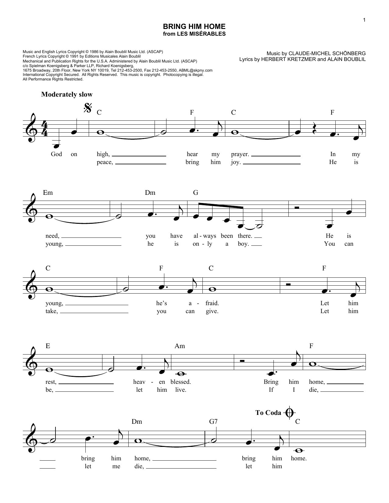 Boublil & Schonberg Bring Him Home (from Les Miserables) Sheet Music Notes & Chords for Lead Sheet / Fake Book - Download or Print PDF