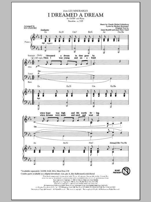 Boublil & Schonberg I Dreamed A Dream (from Les Miserables) (arr. Ed Lojeski) Sheet Music Notes & Chords for SATB - Download or Print PDF