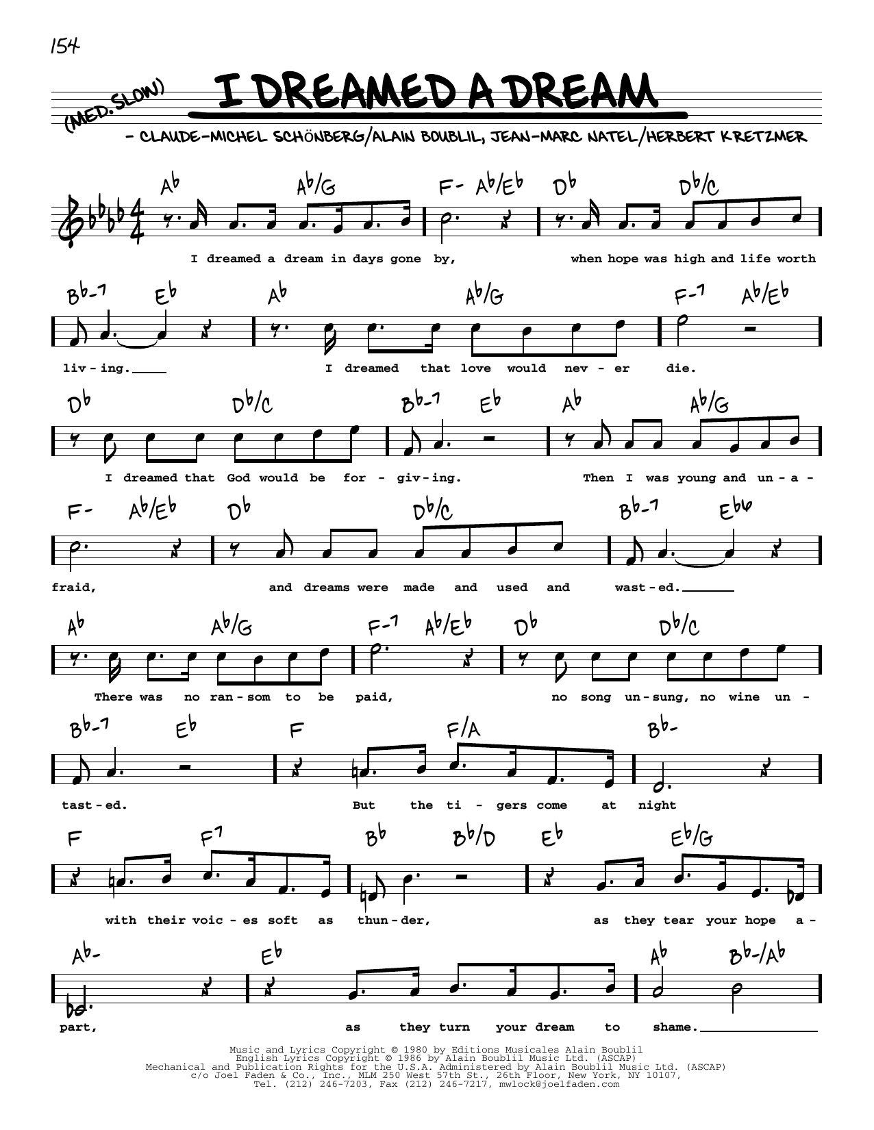 Boublil & Schonberg I Dreamed A Dream (from Les Miserables) (High Voice) Sheet Music Notes & Chords for Real Book – Melody, Lyrics & Chords - Download or Print PDF