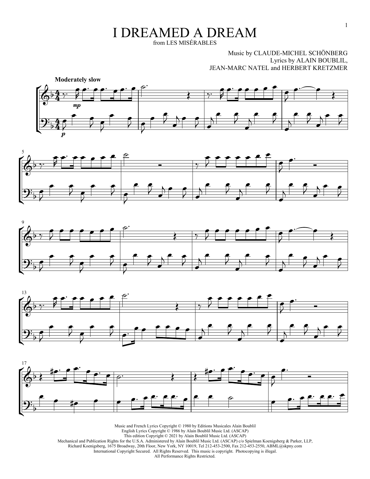 Boublil & Schönberg I Dreamed A Dream (from Les Miserables) Sheet Music Notes & Chords for Instrumental Duet - Download or Print PDF