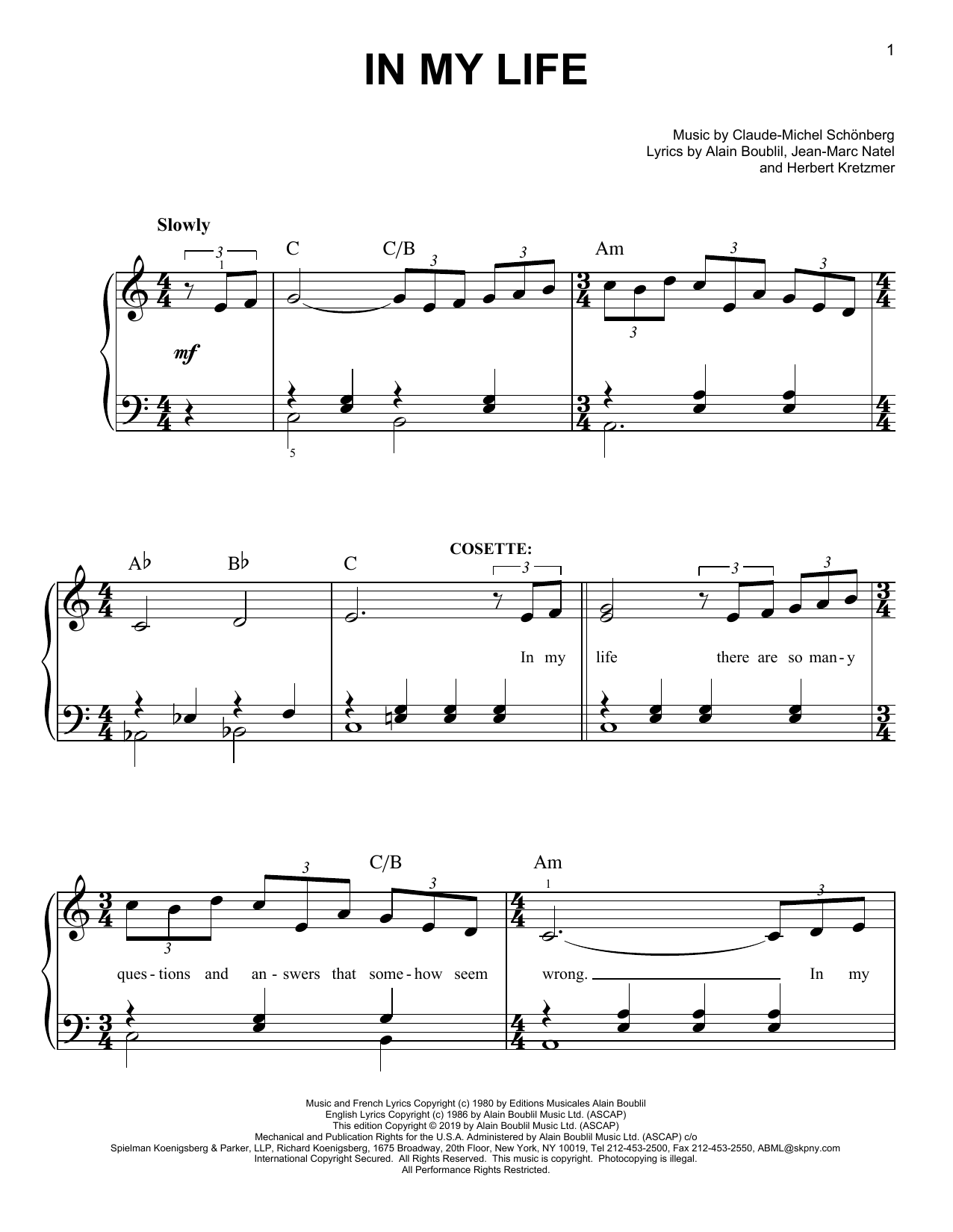 Boublil & Schonberg In My Life (from Les Miserables) Sheet Music Notes & Chords for Easy Piano - Download or Print PDF