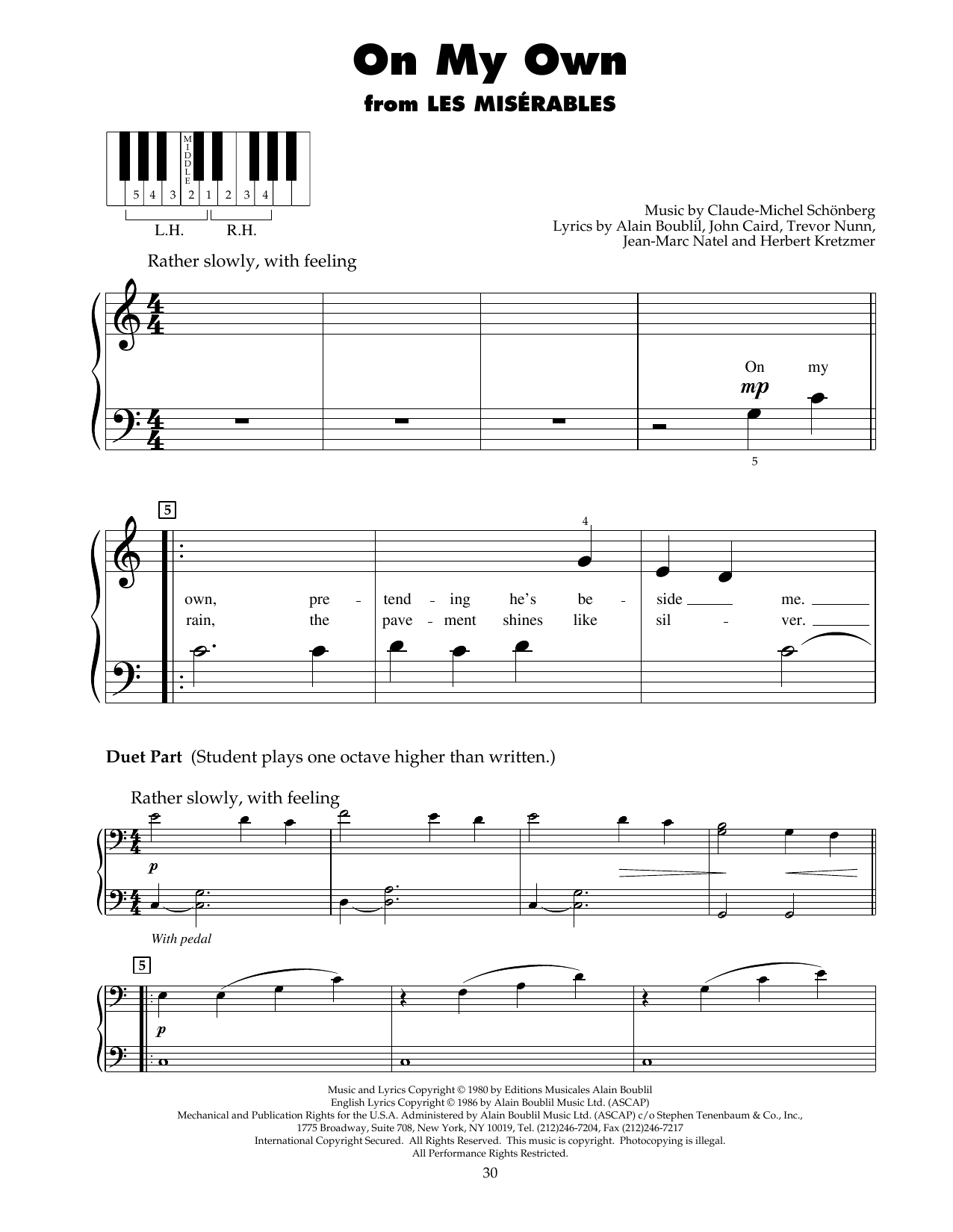 Boublil & Schonberg On My Own (from Les Miserables) Sheet Music Notes & Chords for 5-Finger Piano - Download or Print PDF