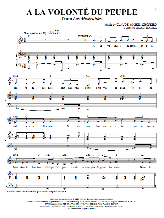 Boublil and Schonberg A La Volonte Du Peuple Sheet Music Notes & Chords for Piano, Vocal & Guitar (Right-Hand Melody) - Download or Print PDF