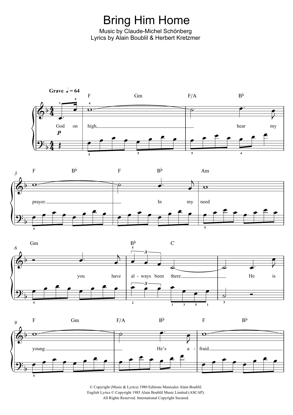 Boublil and Schonberg Bring Him Home (from Les Miserables) Sheet Music Notes & Chords for Keyboard - Download or Print PDF