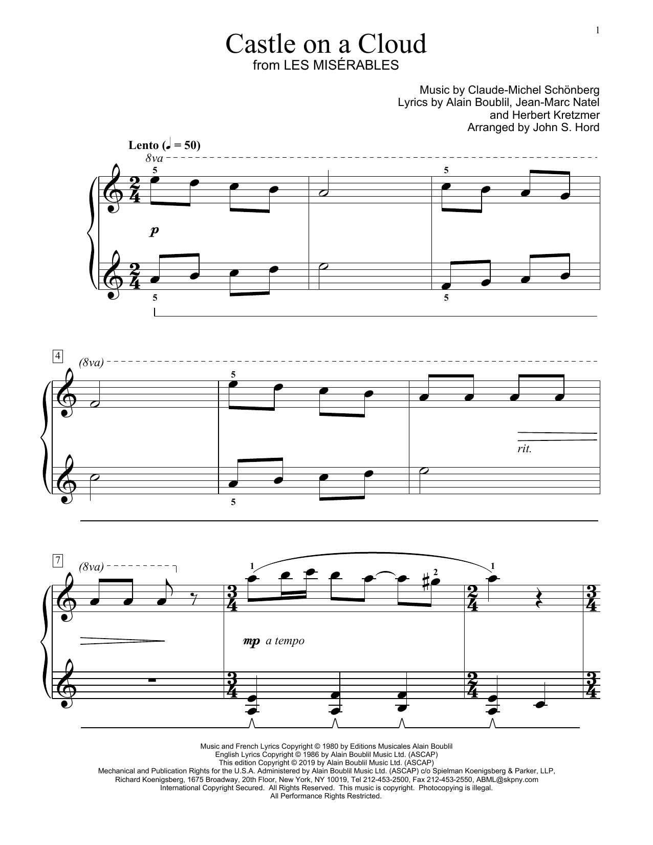 Boublil and Schonberg Castle On A Cloud (from Les Miserables) (arr. John S. Hord) Sheet Music Notes & Chords for Educational Piano - Download or Print PDF