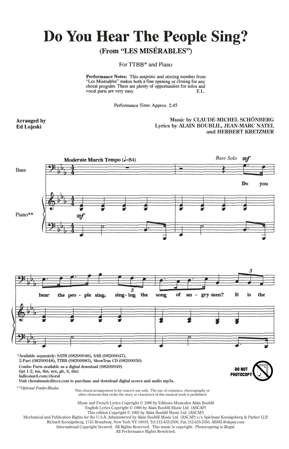 Boublil and Schonberg Do You Hear The People Sing? (from Les Miserables) (arr. Ed Lojeski) Sheet Music Notes & Chords for TTBB Choir - Download or Print PDF