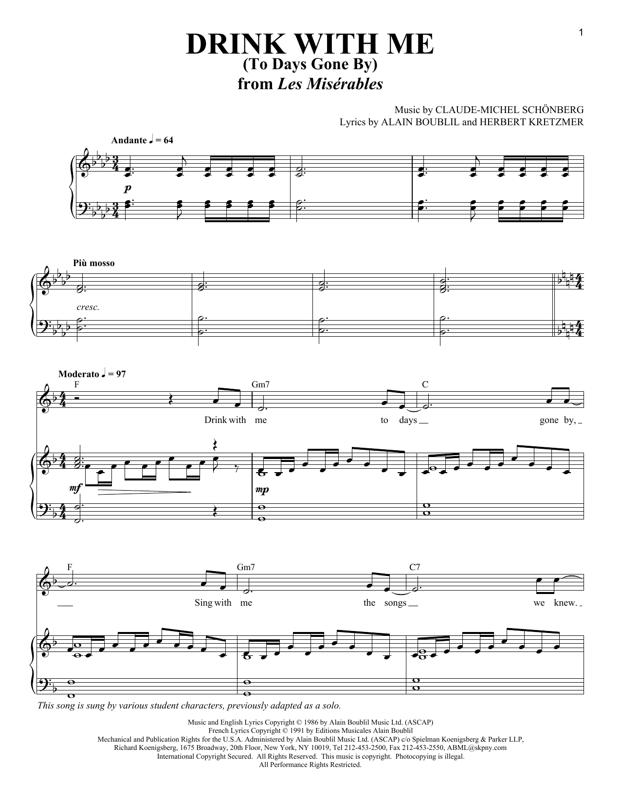 Boublil and Schonberg Drink With Me (To Days Gone By) Sheet Music Notes & Chords for Piano, Vocal & Guitar (Right-Hand Melody) - Download or Print PDF