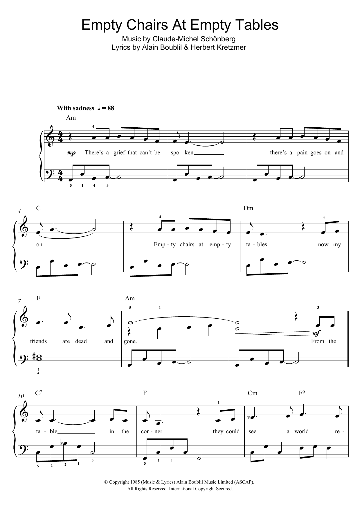 Boublil and Schonberg Empty Chairs At Empty Tables (from Les Miserables) Sheet Music Notes & Chords for Cello and Piano - Download or Print PDF