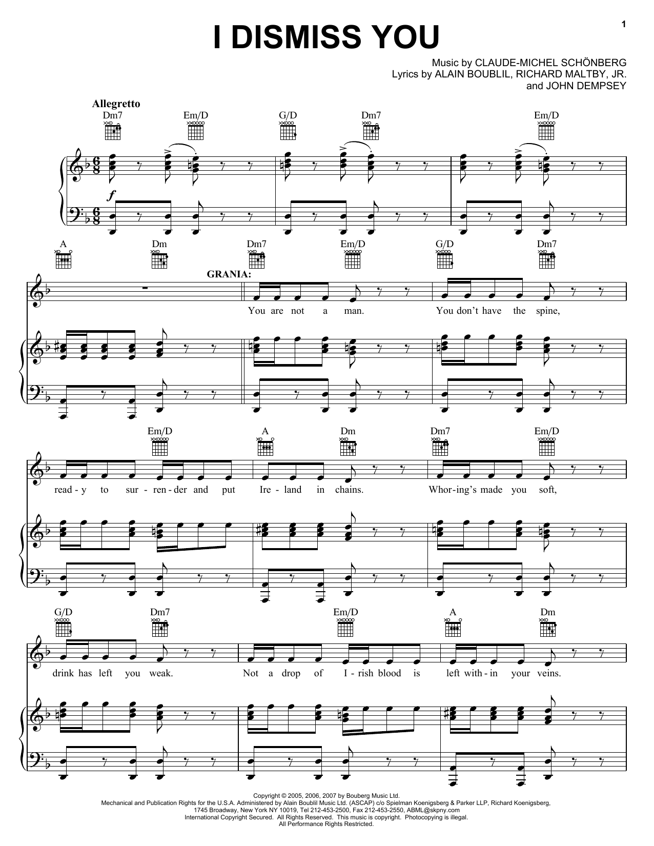 Boublil and Schonberg I Dismiss You (from The Pirate Queen) Sheet Music Notes & Chords for Piano, Vocal & Guitar (Right-Hand Melody) - Download or Print PDF