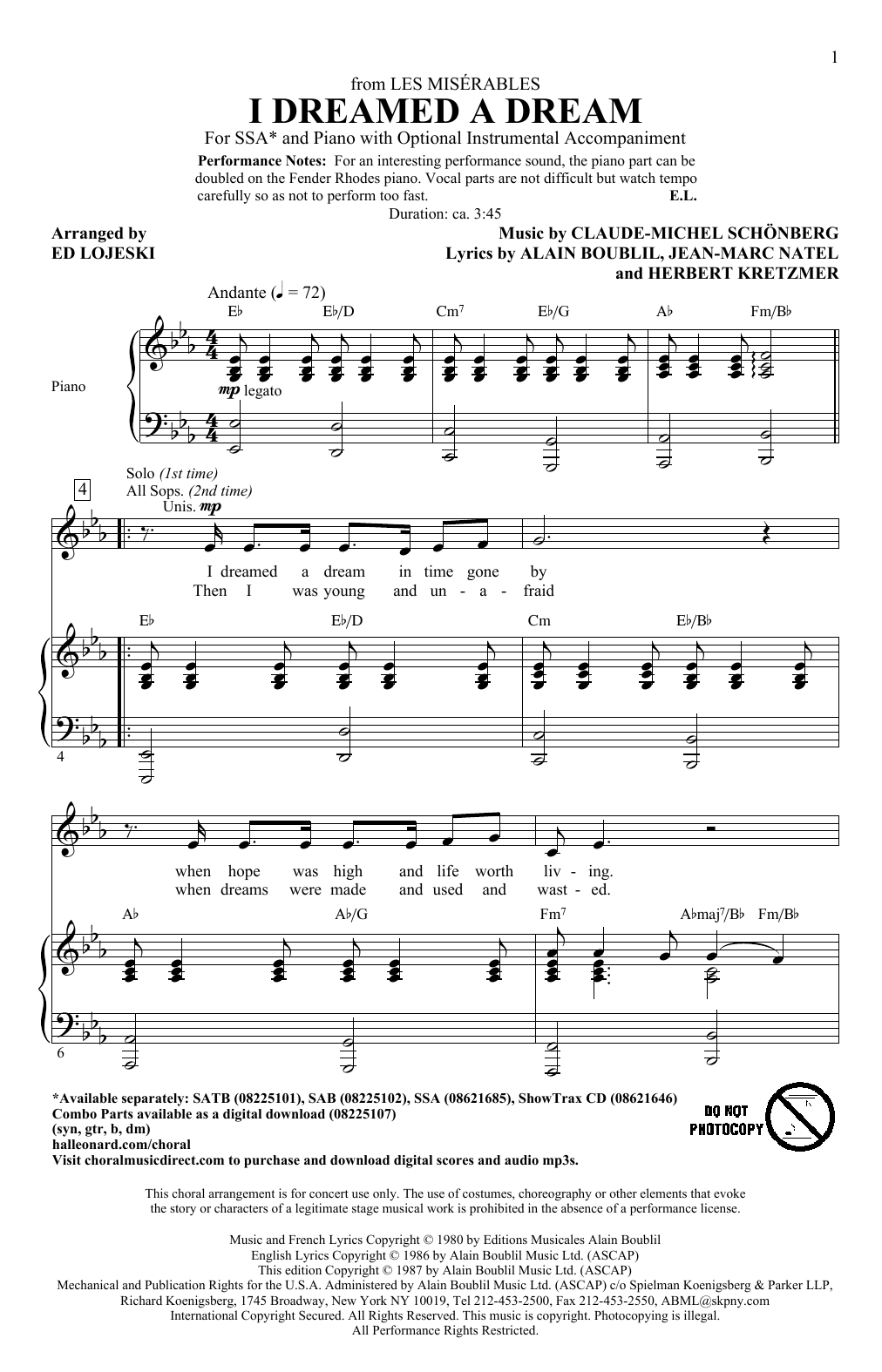 Boublil and Schonberg I Dreamed A Dream (from Les Miserables) (arr. Ed Lojeski) Sheet Music Notes & Chords for SSA - Download or Print PDF