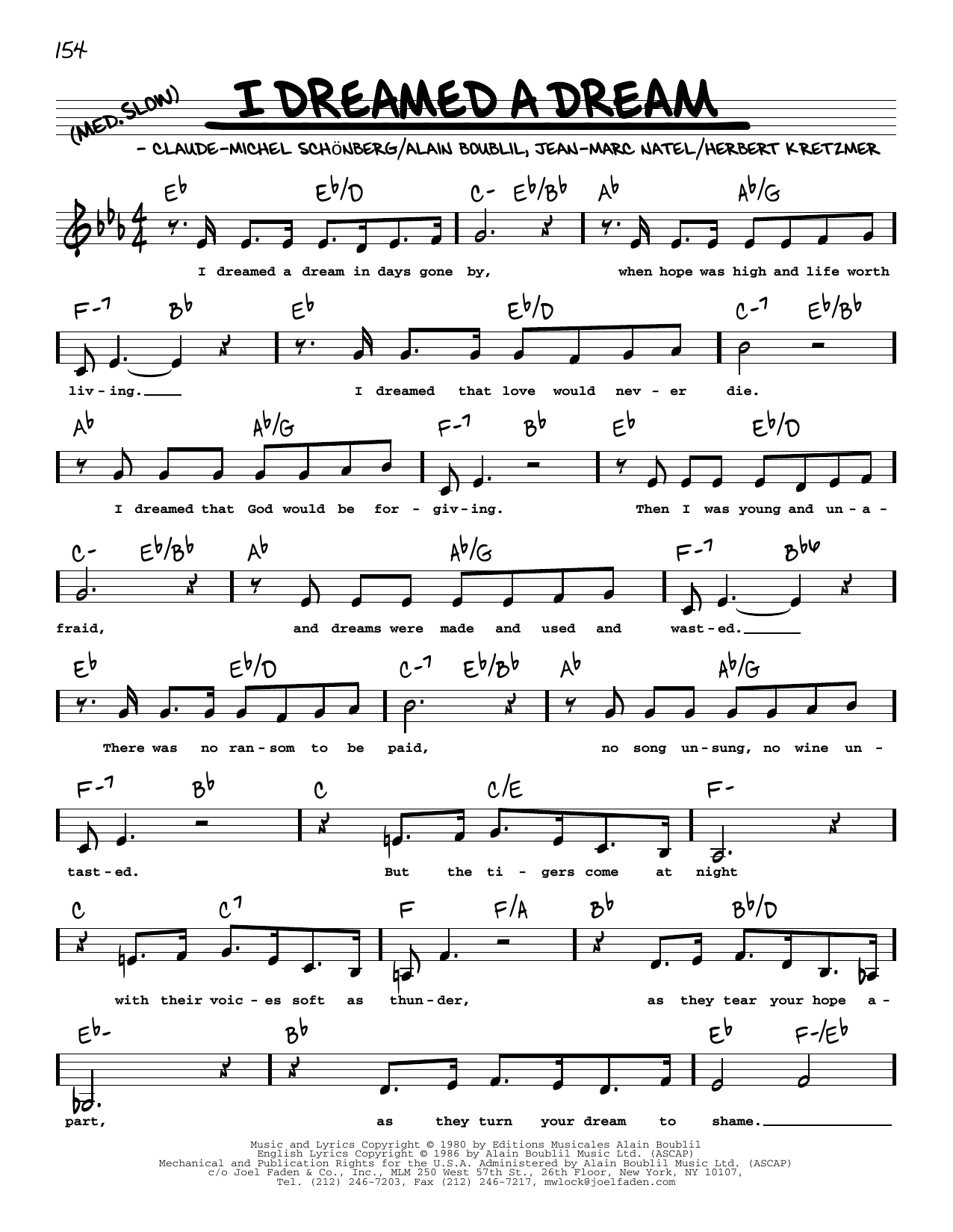 Boublil and Schonberg I Dreamed A Dream (Low Voice) (from Les Miserables) Sheet Music Notes & Chords for Real Book – Melody, Lyrics & Chords - Download or Print PDF