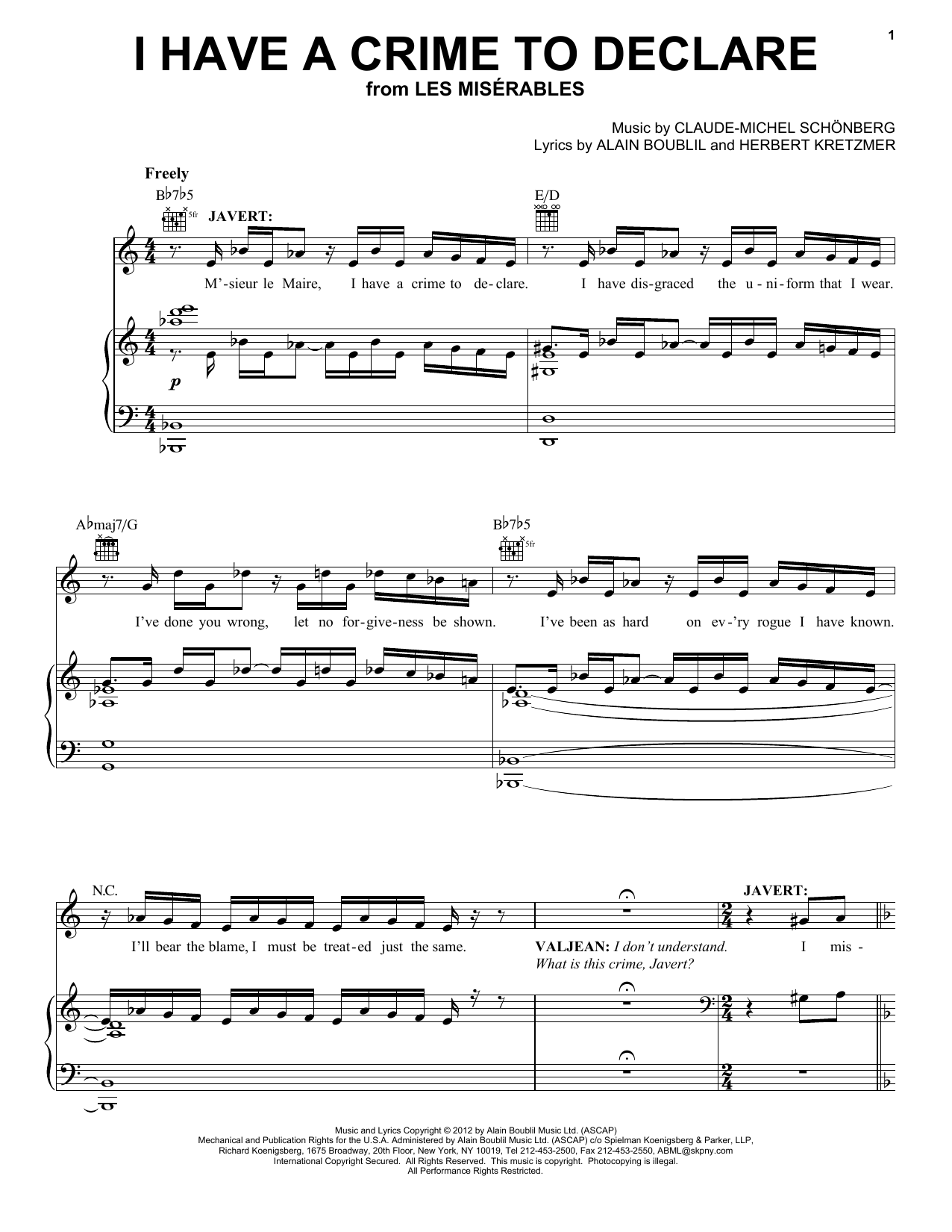 Boublil and Schonberg I Have A Crime To Declare (from Les Miserables) Sheet Music Notes & Chords for Piano, Vocal & Guitar (Right-Hand Melody) - Download or Print PDF