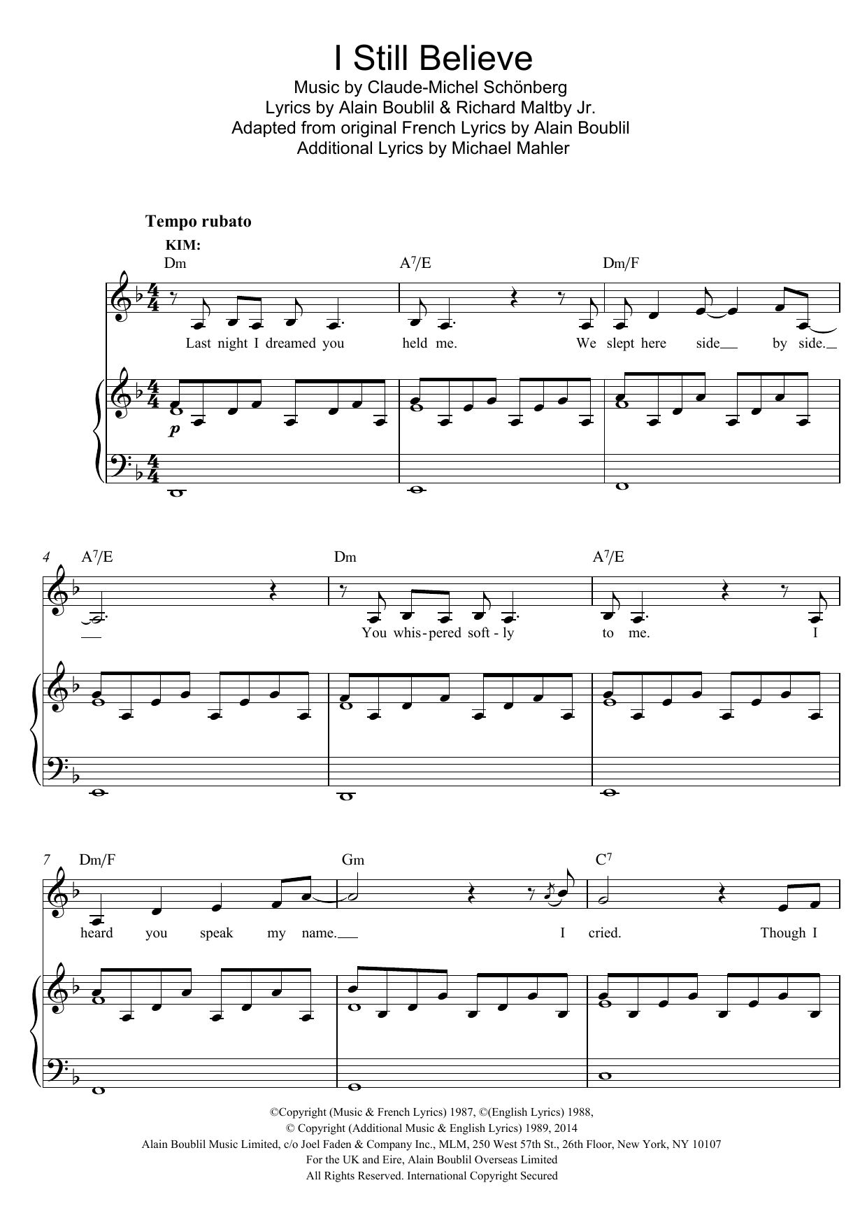 Boublil and Schonberg I Still Believe (from Miss Saigon) Sheet Music Notes & Chords for Piano & Vocal - Download or Print PDF