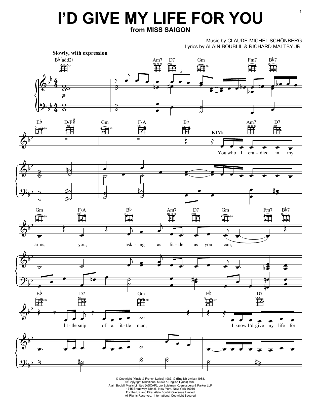 Boublil and Schonberg I'd Give My Life For You (from Miss Saigon) Sheet Music Notes & Chords for Piano & Vocal - Download or Print PDF
