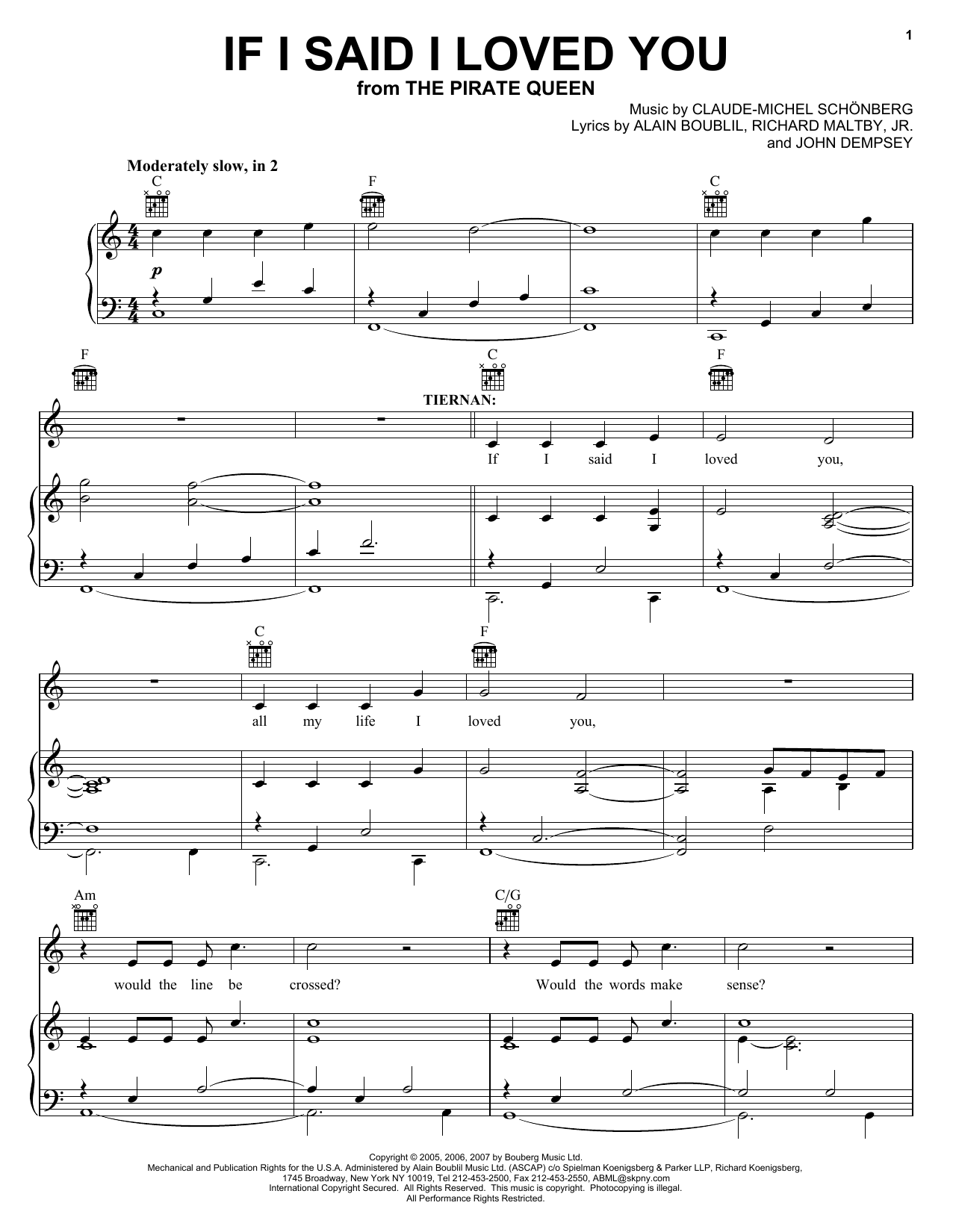 Boublil and Schonberg If I Said I Loved You (from The Pirate Queen) Sheet Music Notes & Chords for Piano, Vocal & Guitar (Right-Hand Melody) - Download or Print PDF