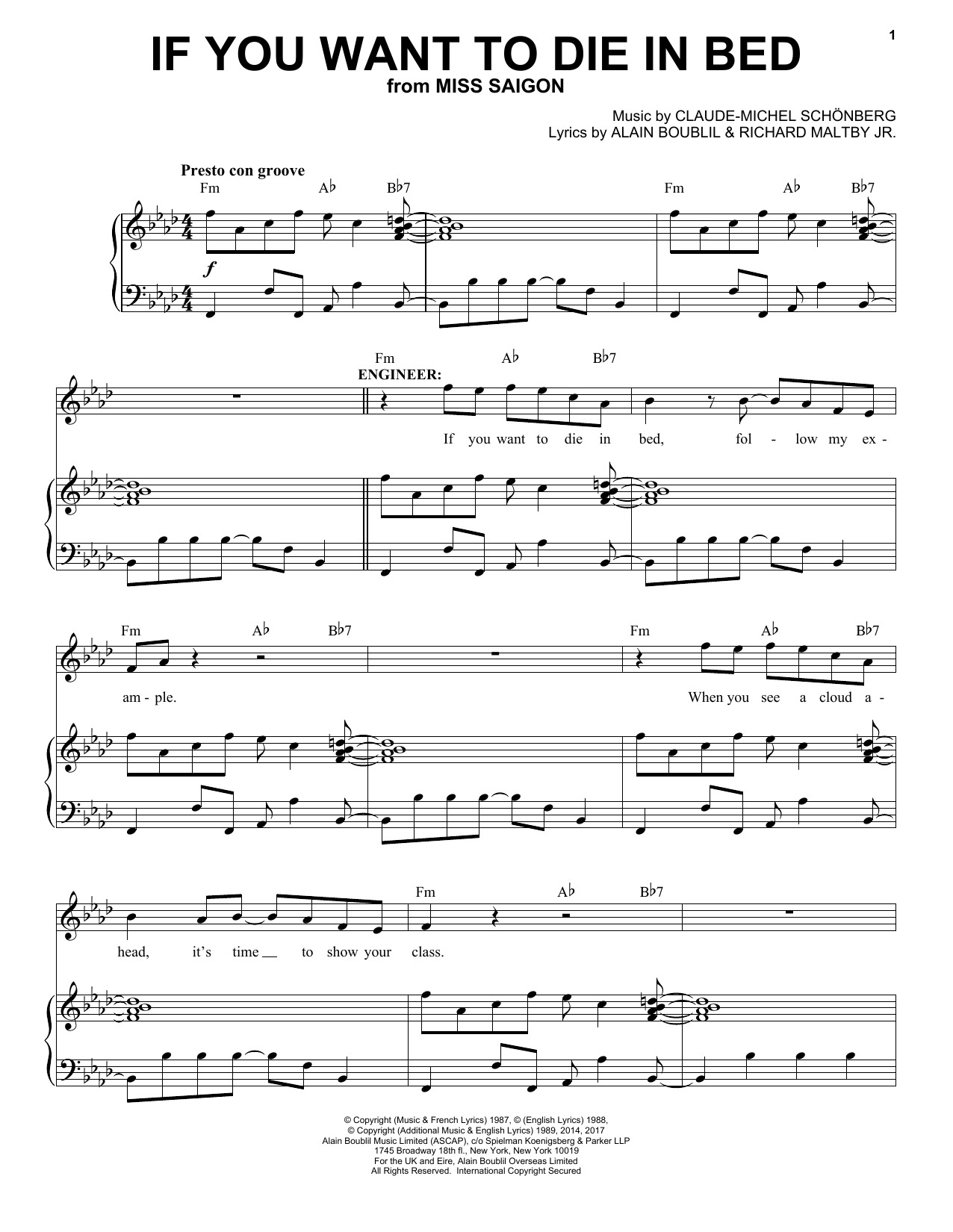 Boublil and Schonberg If You Want To Die In Bed (from Miss Saigon) Sheet Music Notes & Chords for Piano, Vocal & Guitar (Right-Hand Melody) - Download or Print PDF