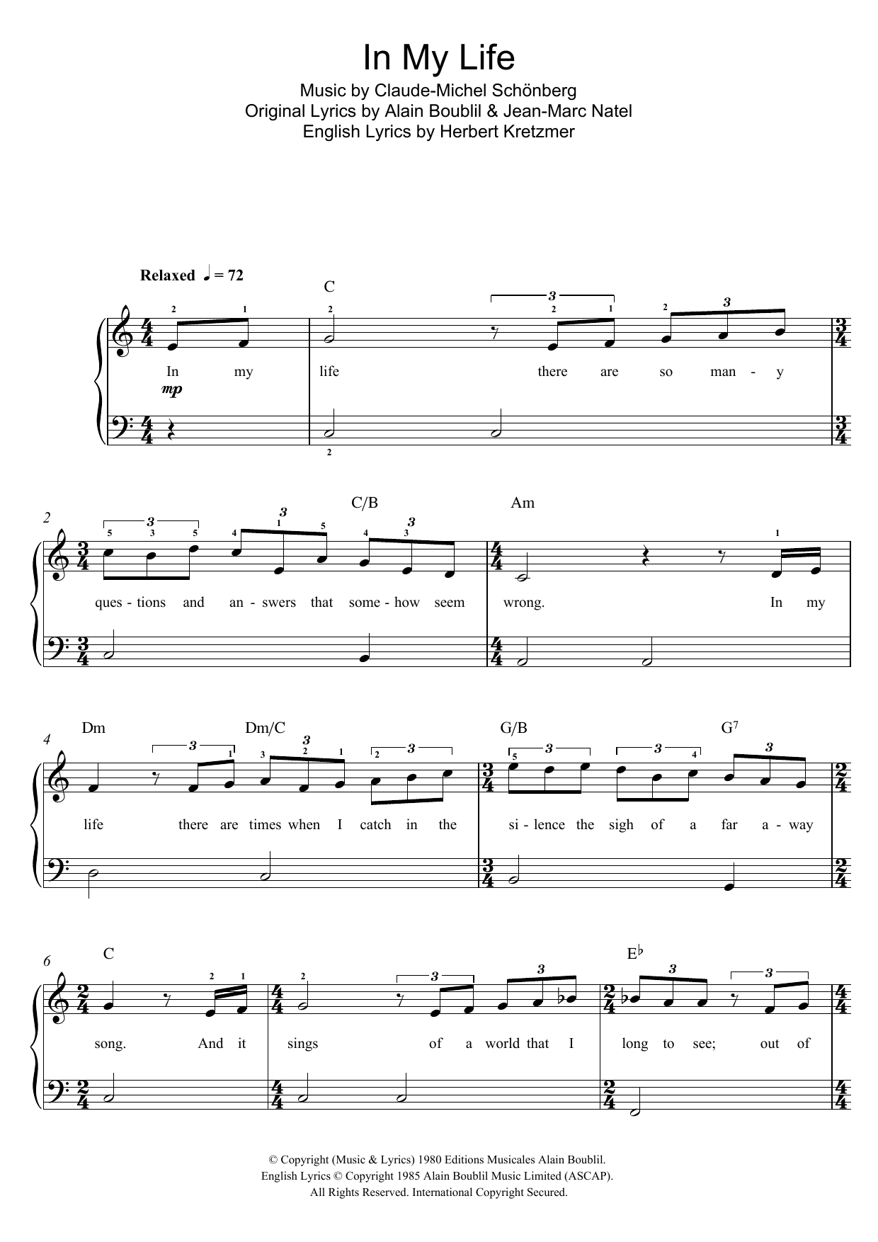 Boublil and Schonberg In My Life (from Les Miserables) Sheet Music Notes & Chords for Beginner Piano - Download or Print PDF