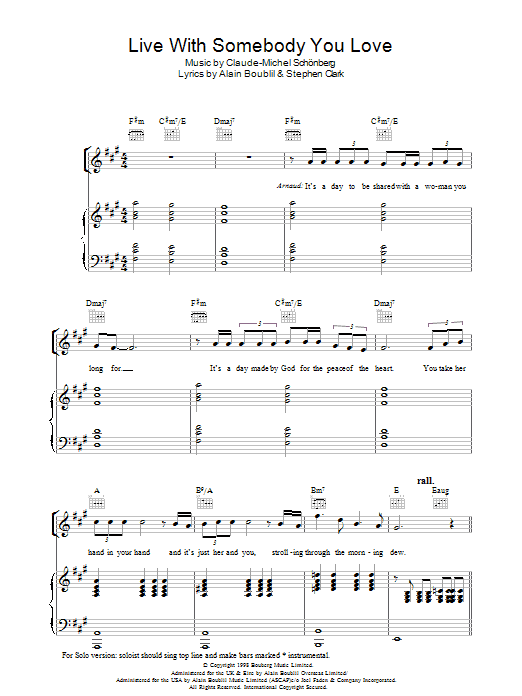Boublil and Schonberg Live With Somebody You Love (from Martin Guerre) Sheet Music Notes & Chords for Piano, Vocal & Guitar - Download or Print PDF