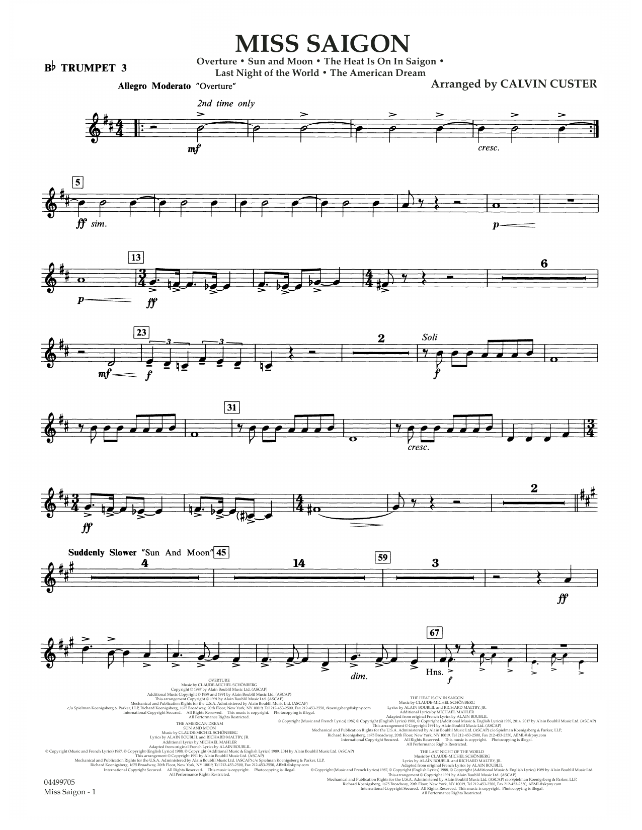 Boublil and Schonberg Miss Saigon (arr. Calvin Custer) - Bb Trumpet 3 Sheet Music Notes & Chords for Full Orchestra - Download or Print PDF