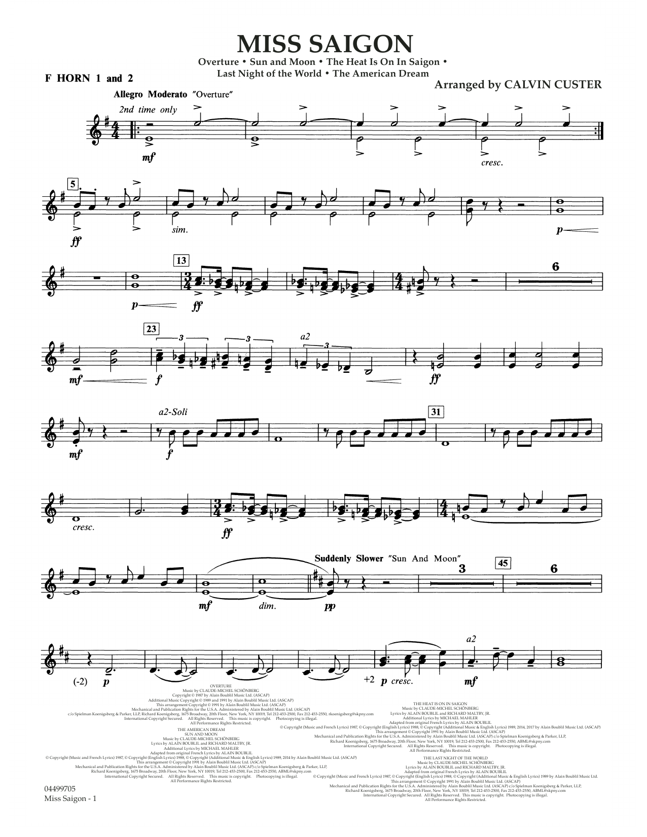Boublil and Schonberg Miss Saigon (arr. Calvin Custer) - F Horn 1 & 2 Sheet Music Notes & Chords for Full Orchestra - Download or Print PDF