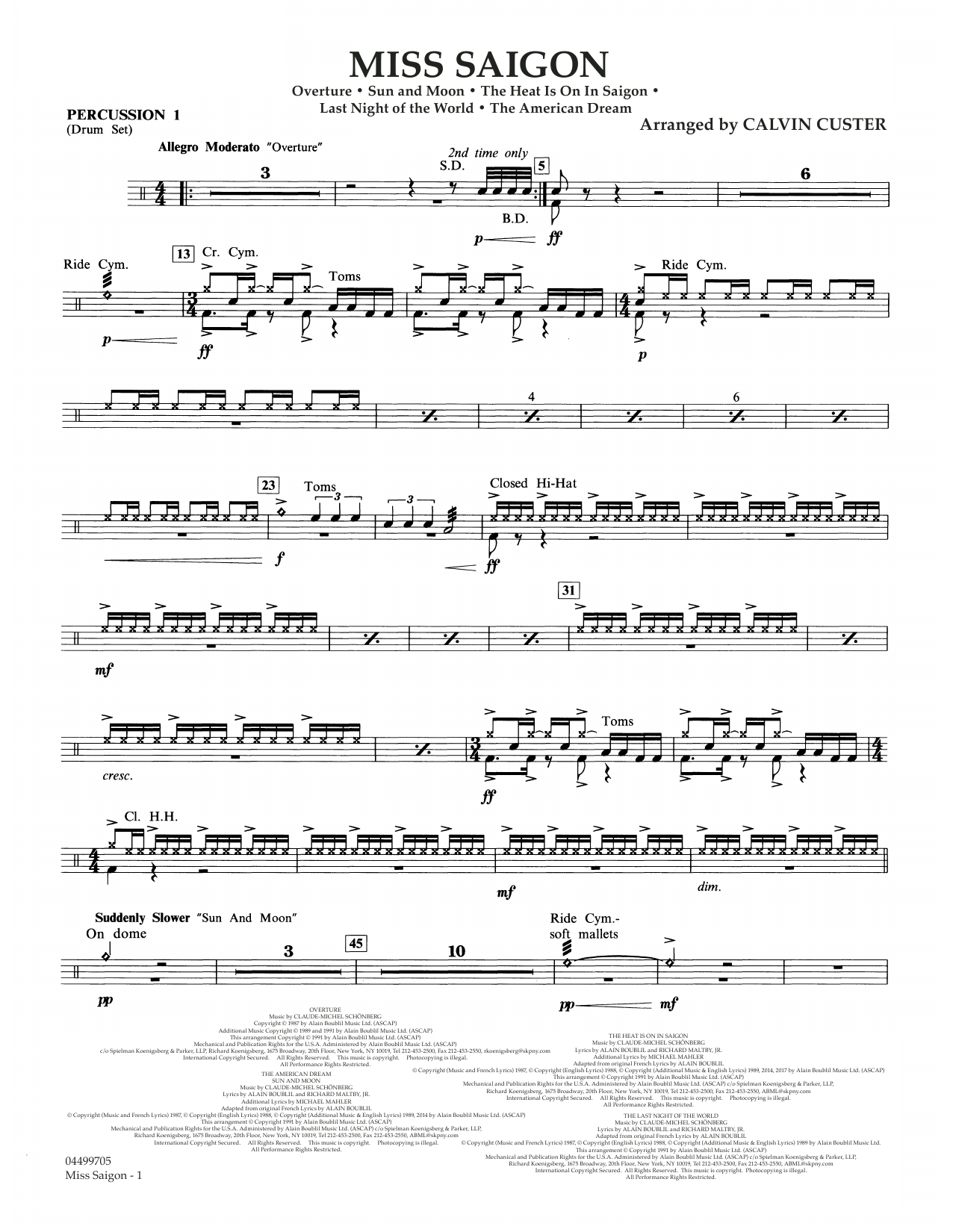 Boublil and Schonberg Miss Saigon (arr. Calvin Custer) - Percussion 1 Sheet Music Notes & Chords for Full Orchestra - Download or Print PDF