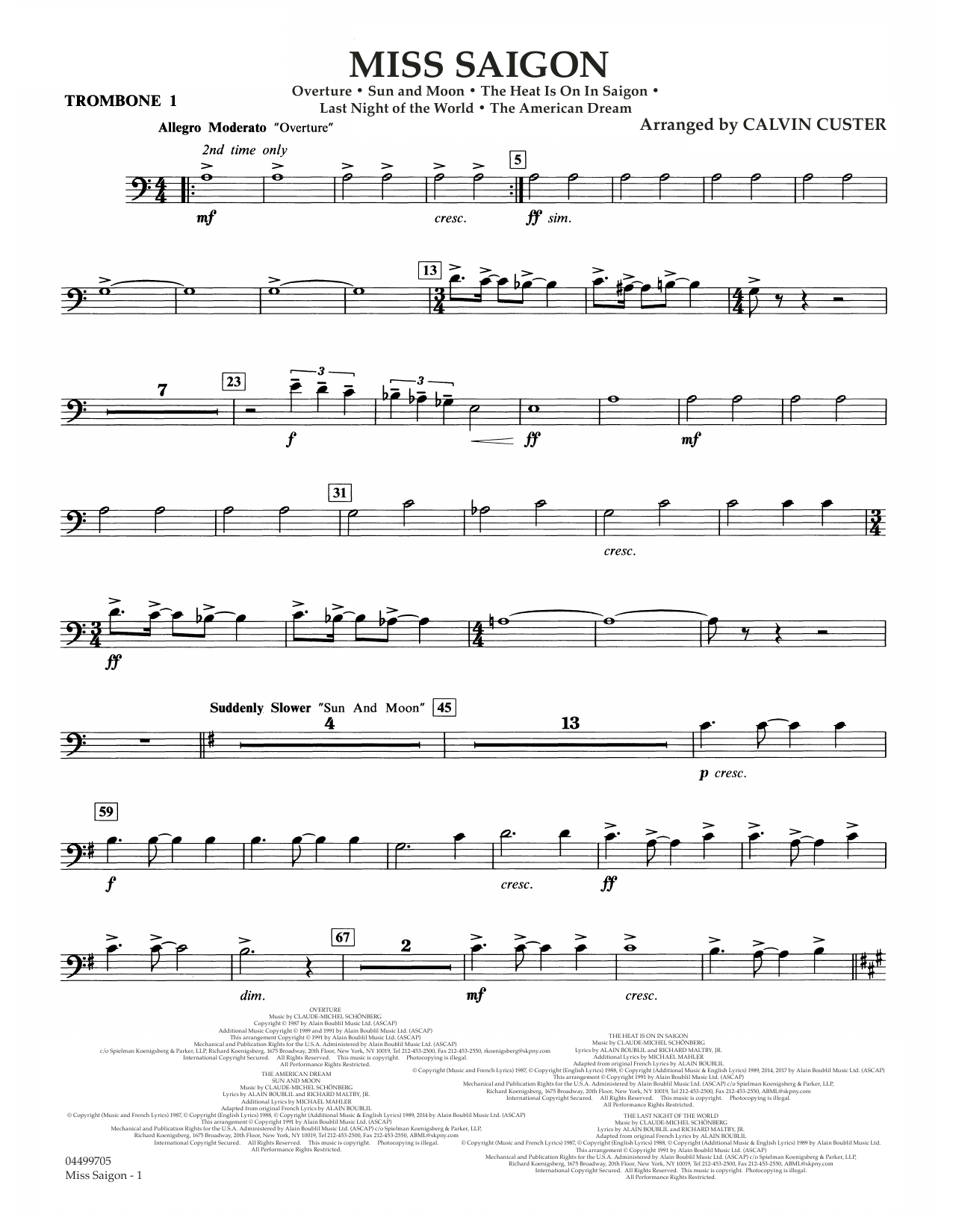 Boublil and Schonberg Miss Saigon (arr. Calvin Custer) - Trombone 1 Sheet Music Notes & Chords for Full Orchestra - Download or Print PDF