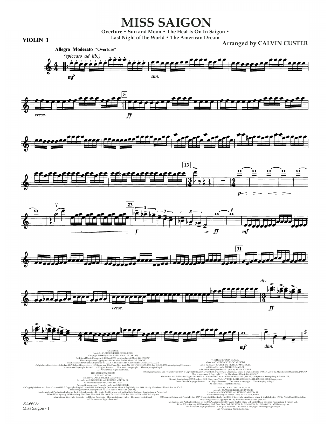 Boublil and Schonberg Miss Saigon (arr. Calvin Custer) - Violin 1 Sheet Music Notes & Chords for Full Orchestra - Download or Print PDF