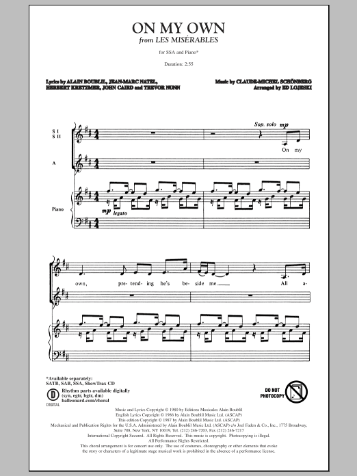 Boublil and Schonberg On My Own (from Les Miserables) (arr. Ed Lojeski) Sheet Music Notes & Chords for SAB - Download or Print PDF