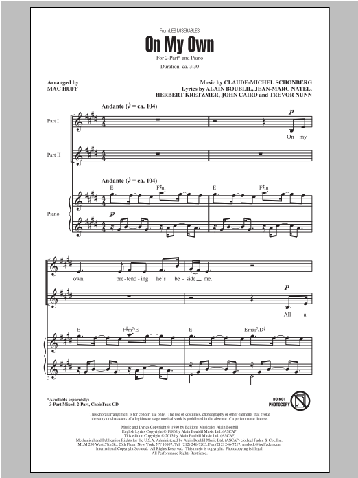 Boublil and Schonberg On My Own (from Les Miserables) (arr. Mac Huff) Sheet Music Notes & Chords for 2-Part Choir - Download or Print PDF