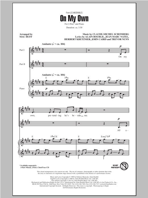 Boublil and Schonberg On My Own (from Les Miserables) (arr. Mac Huff) Sheet Music Notes & Chords for 3-Part Mixed - Download or Print PDF