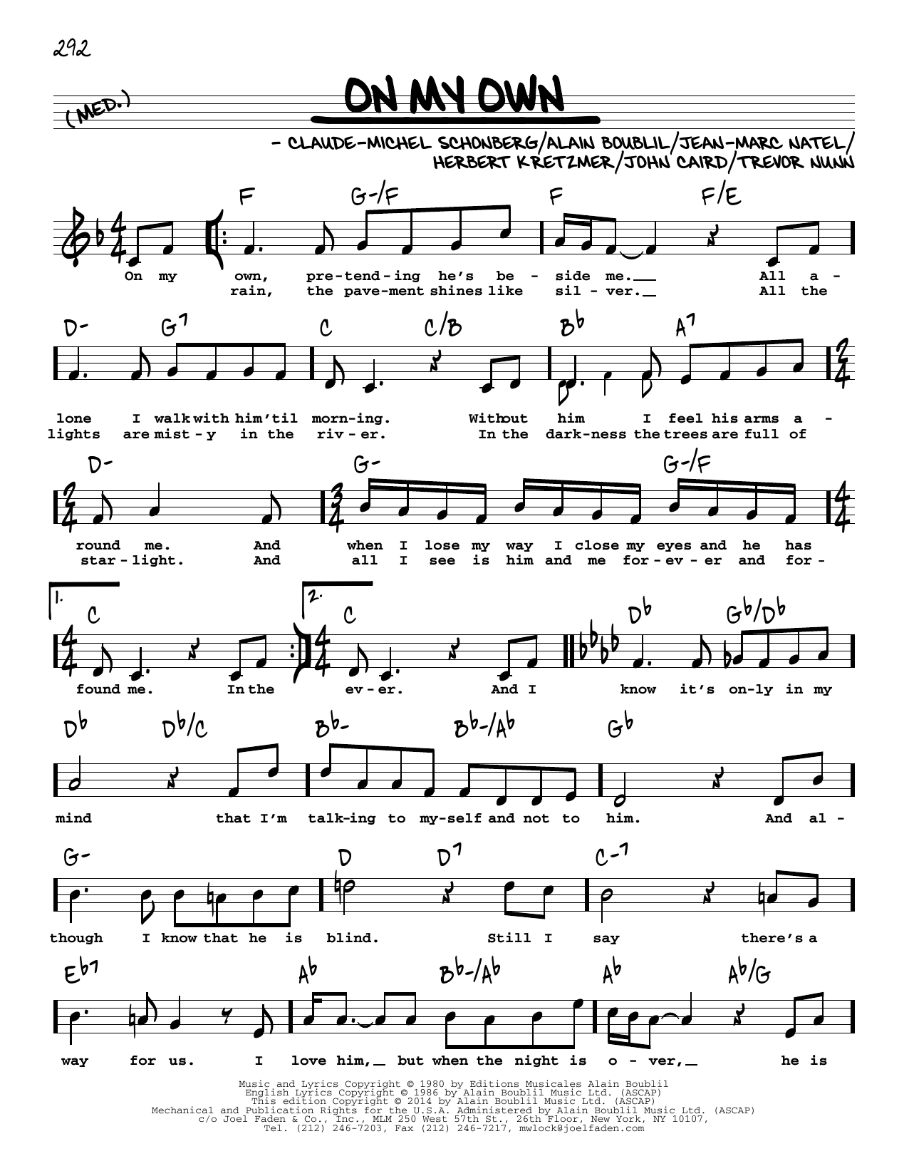 Boublil and Schonberg On My Own (from Les Miserables) (High Voice) Sheet Music Notes & Chords for Real Book – Melody, Lyrics & Chords - Download or Print PDF