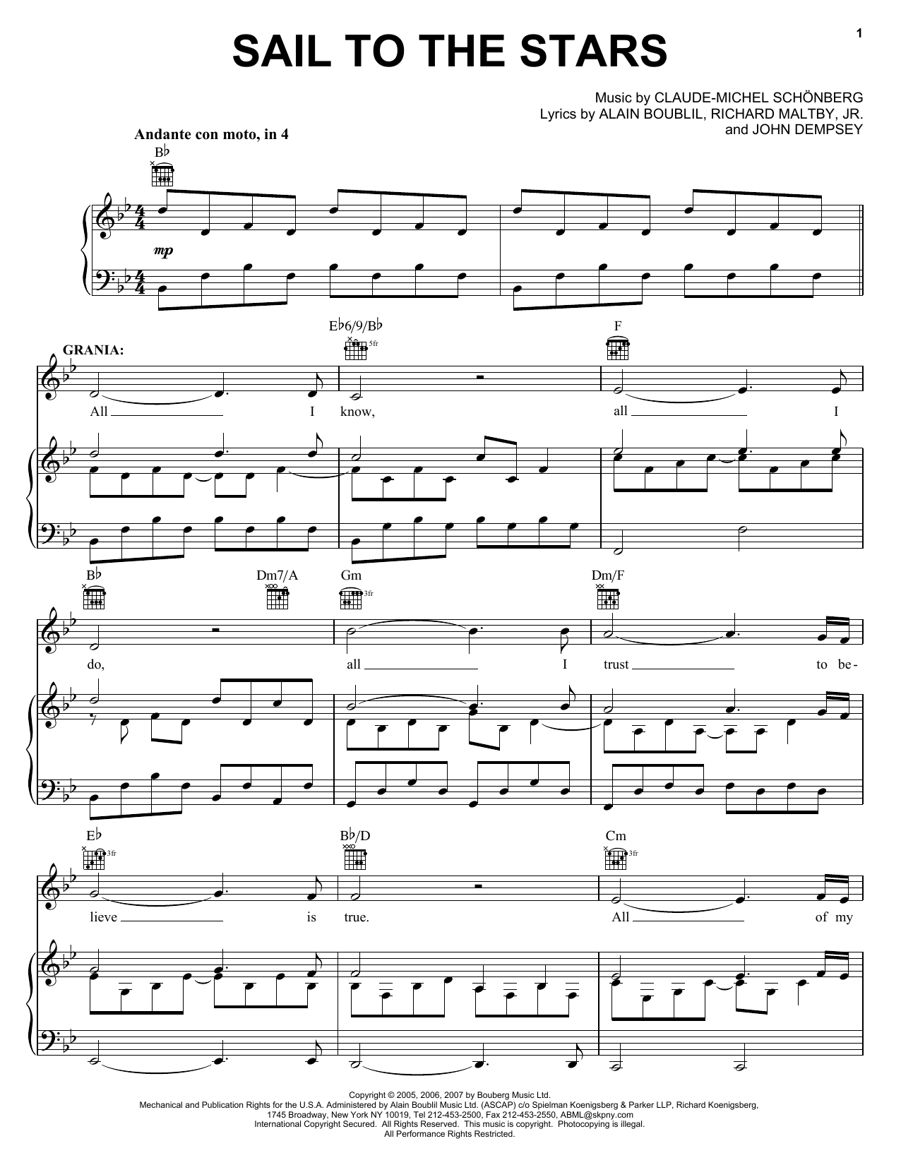 Boublil and Schonberg Sail To The Stars (from The Pirate Queen) Sheet Music Notes & Chords for Piano, Vocal & Guitar (Right-Hand Melody) - Download or Print PDF