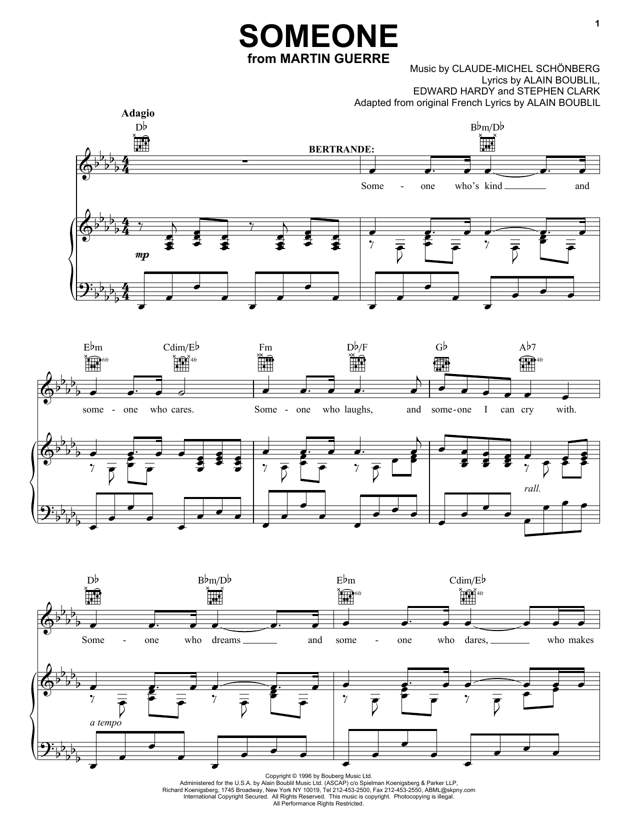 Boublil and Schonberg Someone (from Martin Guerre) Sheet Music Notes & Chords for Piano, Vocal & Guitar (Right-Hand Melody) - Download or Print PDF