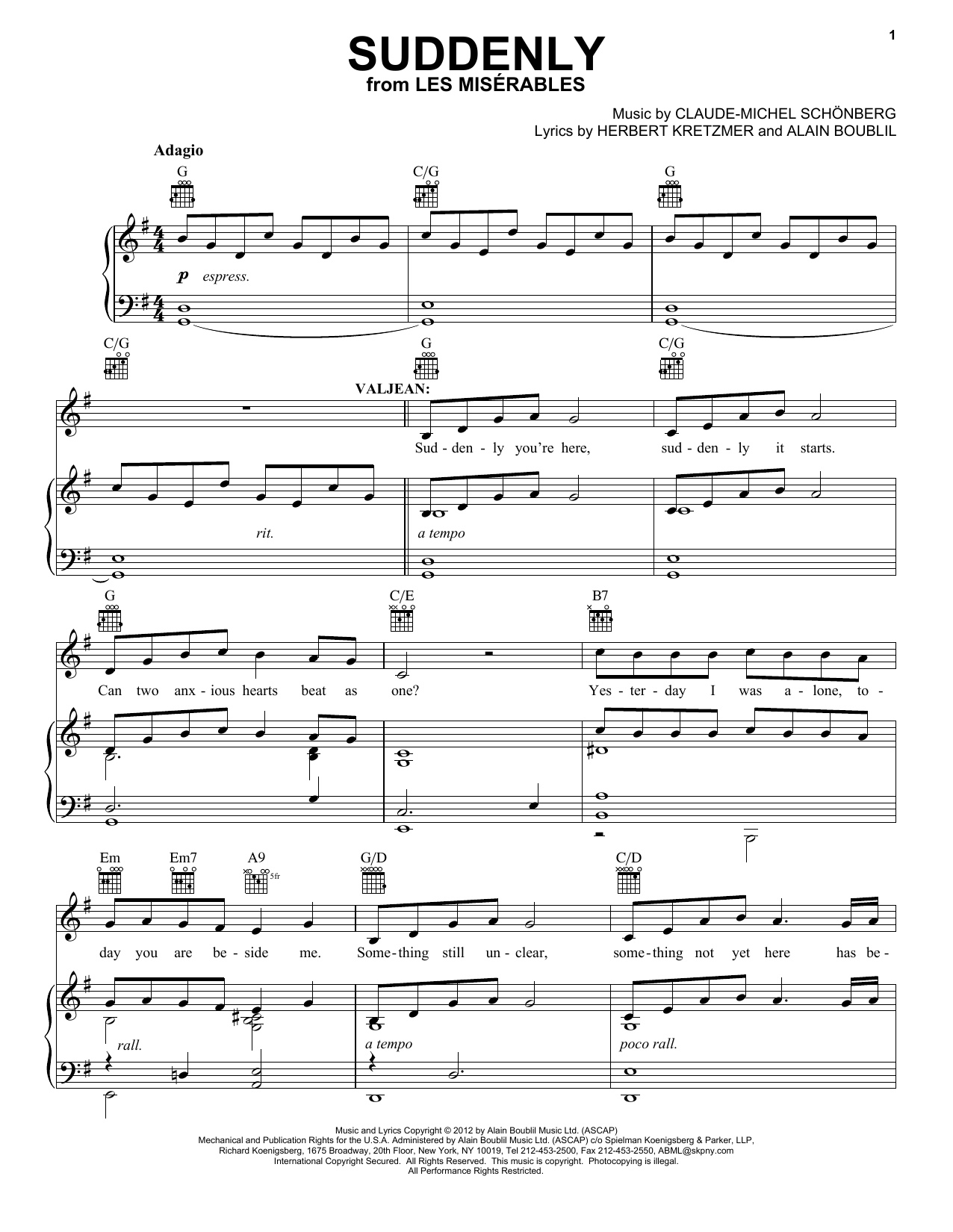 Boublil and Schonberg Suddenly (from Les Miserables) Sheet Music Notes & Chords for Piano, Vocal & Guitar (Right-Hand Melody) - Download or Print PDF
