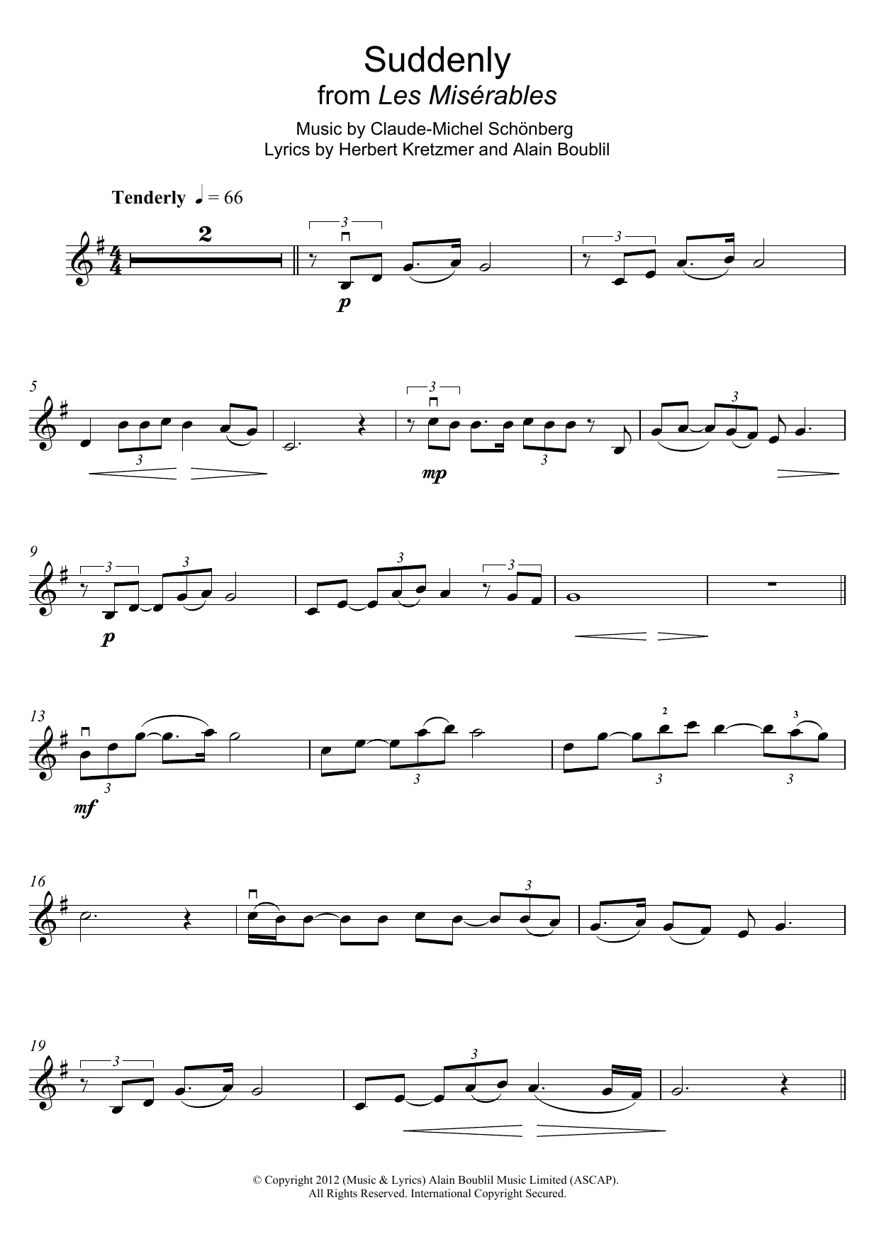 Boublil and Schonberg Suddenly (from Les Miserables The Movie) Sheet Music Notes & Chords for Alto Saxophone - Download or Print PDF