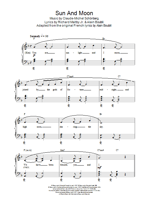 Boublil and Schonberg Sun And Moon (from Miss Saigon) Sheet Music Notes & Chords for Piano - Download or Print PDF