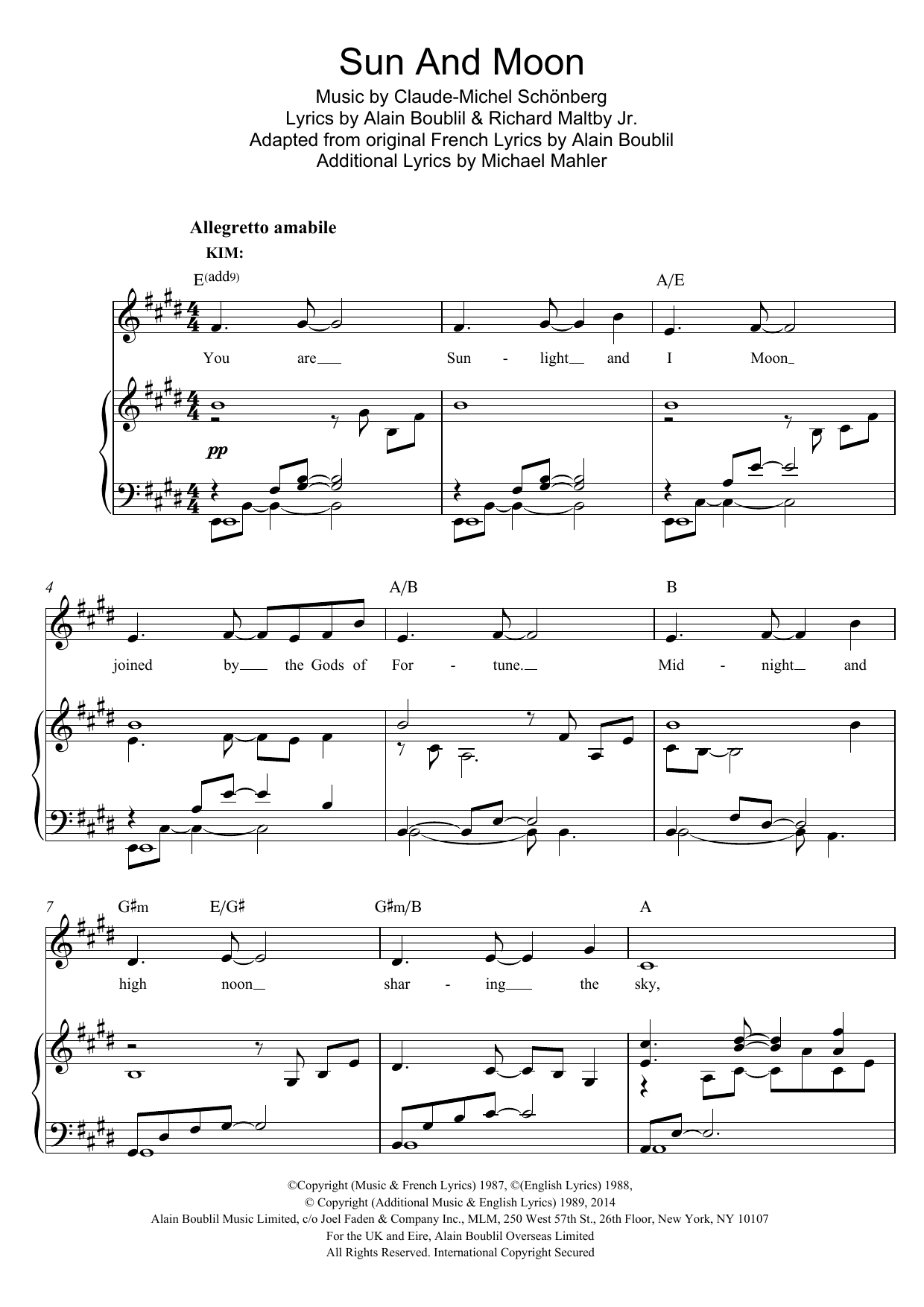 Boublil and Schonberg Sun And Moon Sheet Music Notes & Chords for Piano & Vocal - Download or Print PDF
