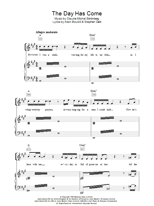 Boublil and Schonberg The Day Has Come (from Martin Guerre) Sheet Music Notes & Chords for Piano, Vocal & Guitar - Download or Print PDF