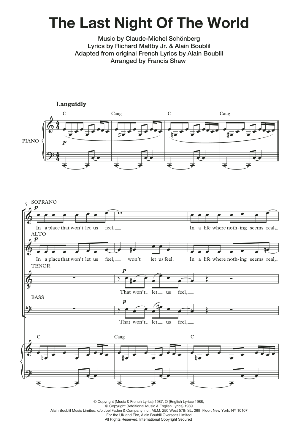 Boublil and Schonberg The Last Night Of The World (from Miss Saigon) (arr. Francis Shaw) Sheet Music Notes & Chords for SATB - Download or Print PDF