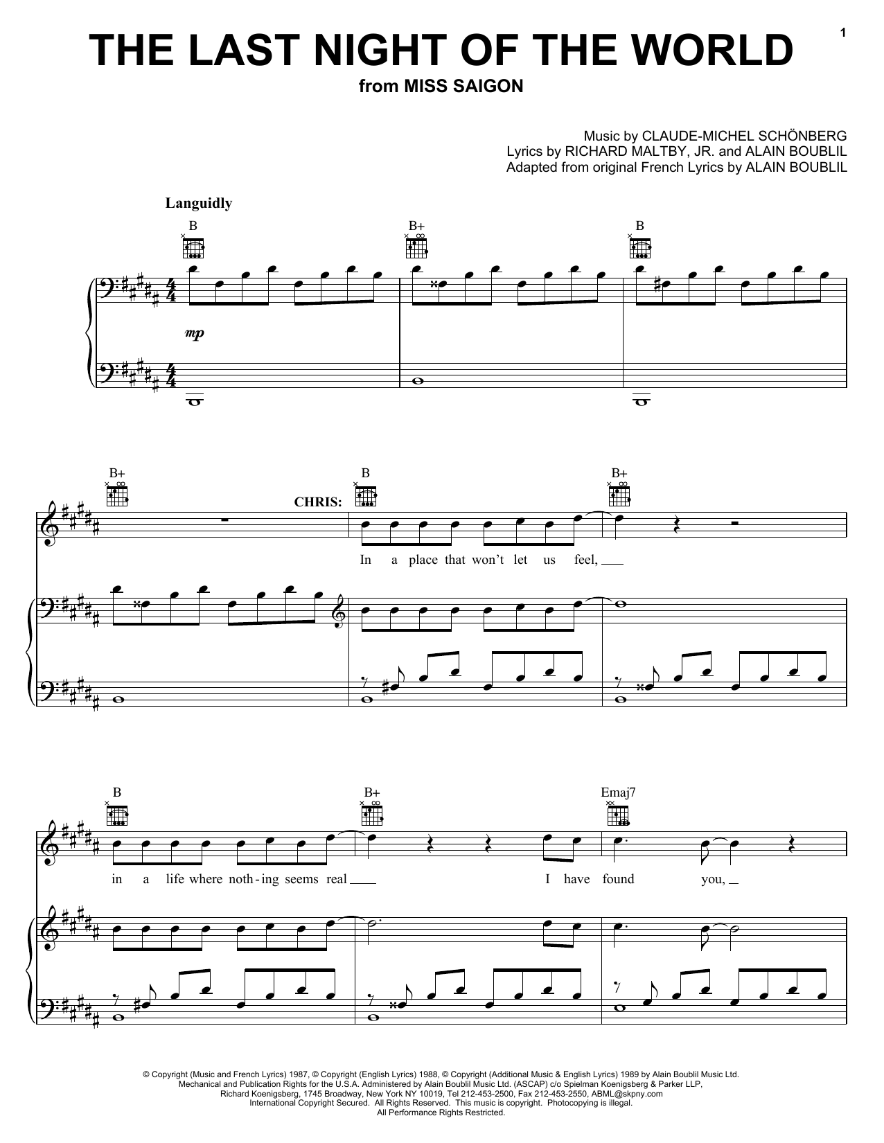 Claude-Michel Schonberg The Last Night Of The World Sheet Music Notes & Chords for Piano, Vocal & Guitar (Right-Hand Melody) - Download or Print PDF