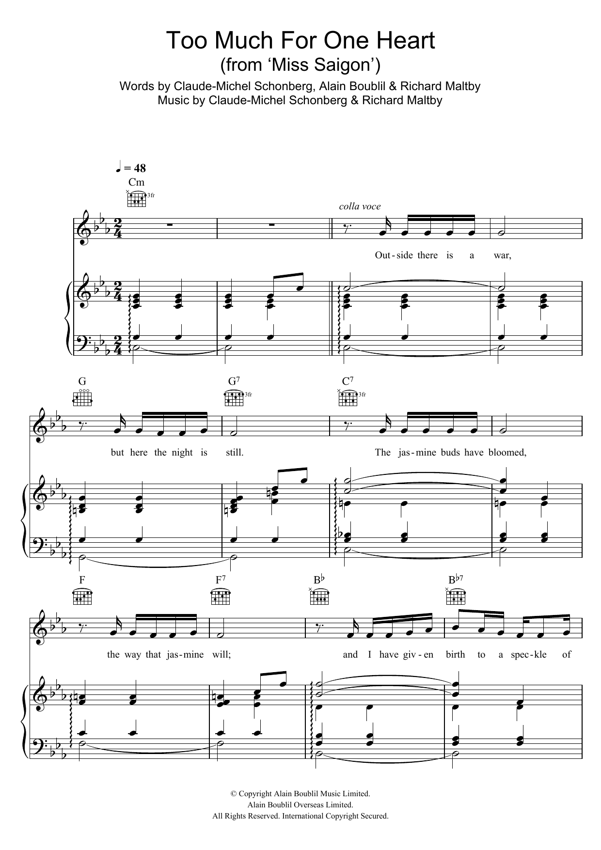Boublil and Schonberg Too Much For One Heart (from Miss Saigon) Sheet Music Notes & Chords for Piano & Vocal - Download or Print PDF