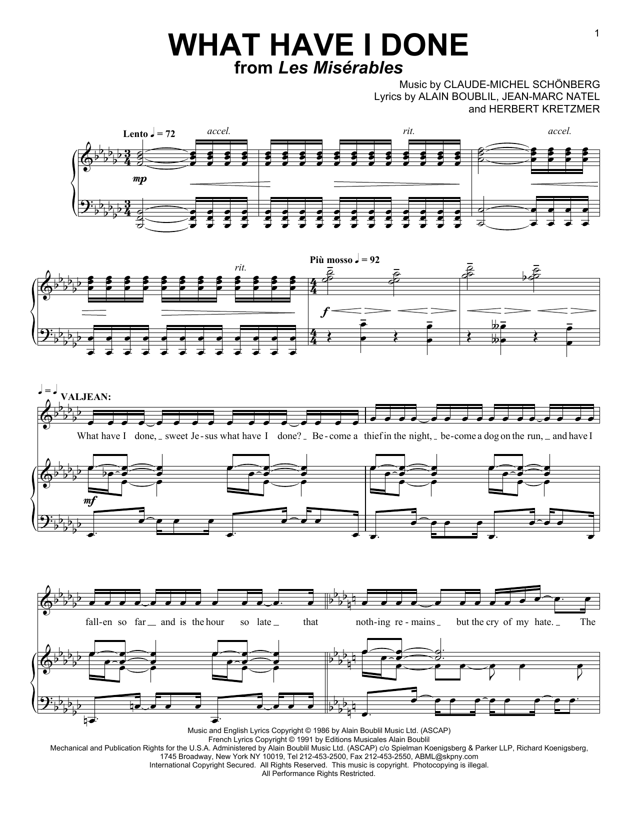 Boublil and Schonberg What Have I Done Sheet Music Notes & Chords for Piano, Vocal & Guitar (Right-Hand Melody) - Download or Print PDF