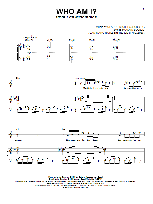 Boublil and Schonberg Who Am I? Sheet Music Notes & Chords for Piano, Vocal & Guitar (Right-Hand Melody) - Download or Print PDF