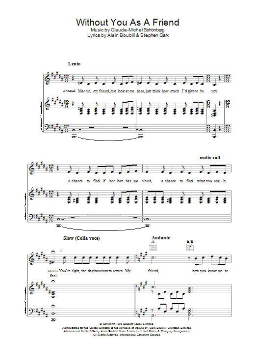 Boublil and Schonberg Without You As A Friend (from Martin Guerre) Sheet Music Notes & Chords for Piano, Vocal & Guitar - Download or Print PDF