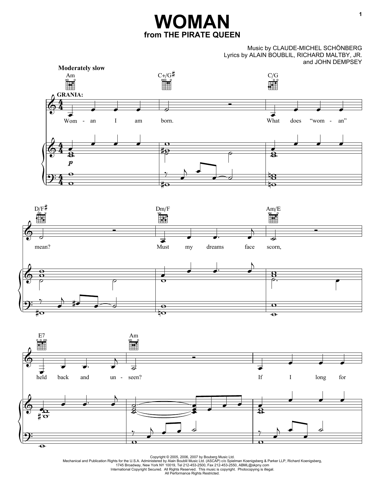 Boublil and Schonberg Woman (from The Pirate Queen) Sheet Music Notes & Chords for Piano, Vocal & Guitar (Right-Hand Melody) - Download or Print PDF