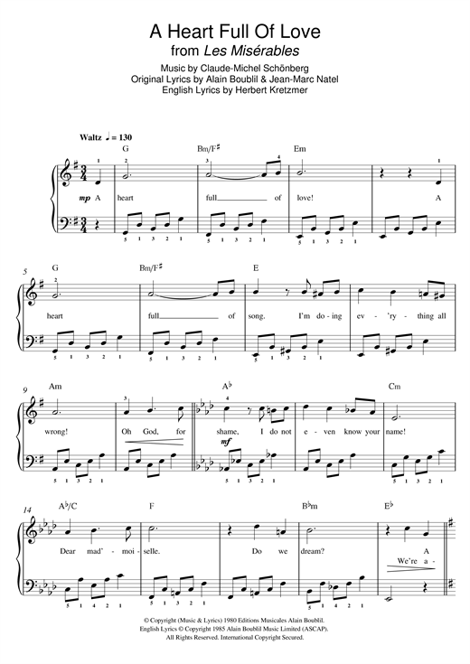 Boublil and Schonberg A Heart Full Of Love (from Les Miserables) Sheet Music Notes & Chords for Beginner Piano - Download or Print PDF