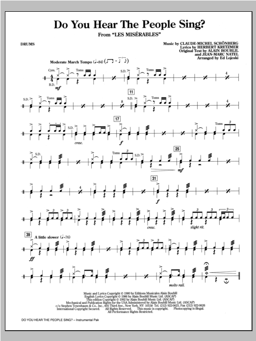 Boublil And Schonberg Do You Hear The People Sing From Les Miserables Arr Ed Lojeski Drums Sheet Music Download Pdf Score